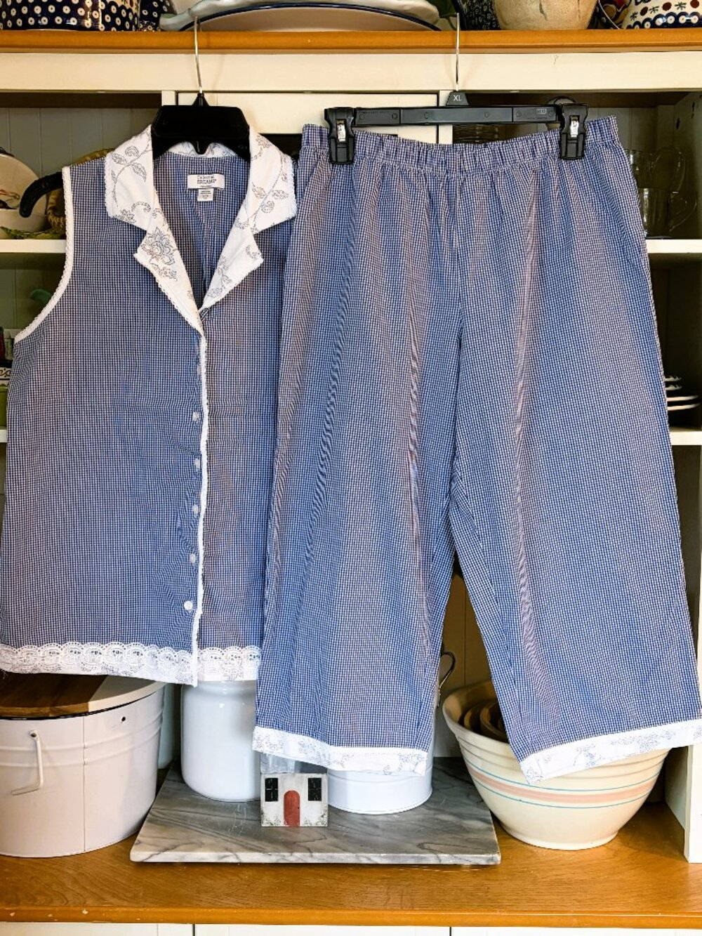 Celestial Dreams Pajama Set S Blue White Gingham Check Sleeveless